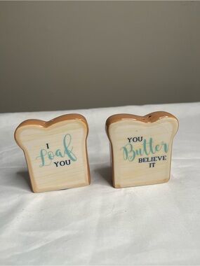 Ceramic Toast Salt & Pepper Shaker Set, Refillable “I Loaf You” Text